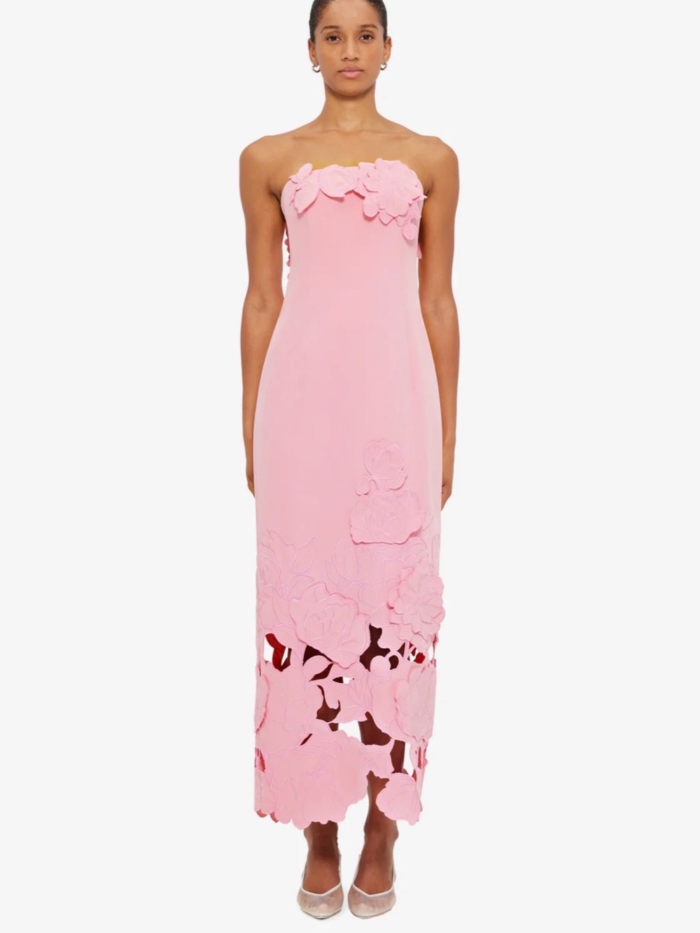 NWT LEO LIN Rayna Flamingo Pink Crepe Strapless Floral Appliqué Maxi Dress US 8
